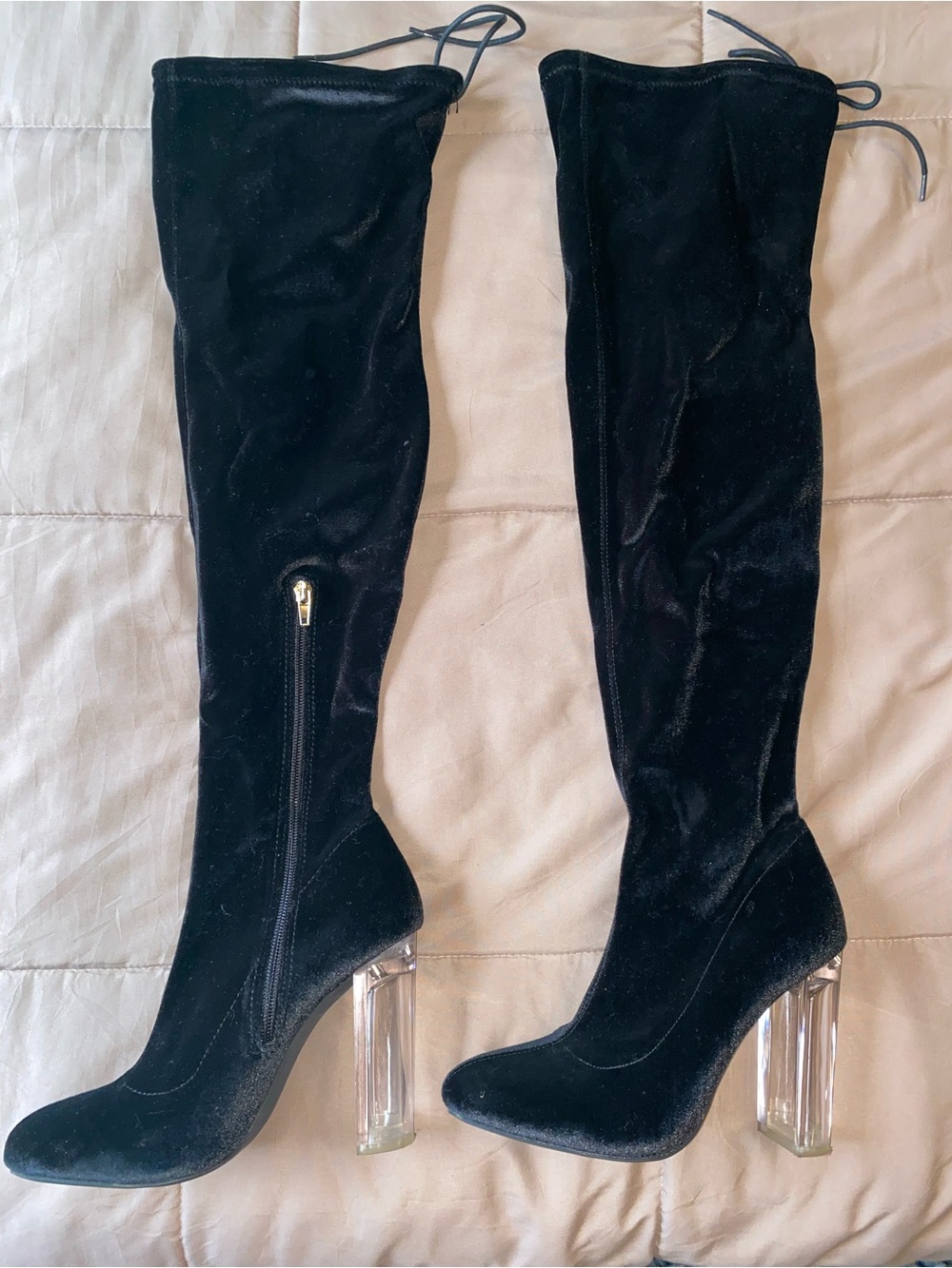 Forever 21 Black Over-the-Knee Velvet Boots with Clear Block Heel